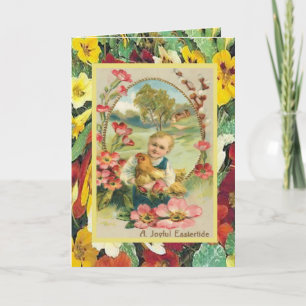 Cartão De Festividades Vintage Easter, Child with hen and flowers
