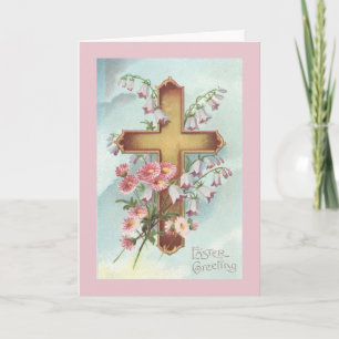 Cartão De Festividades Vintage Easter Crucifix with Pink Flowers,