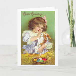 Cartão De Festividades Vintage Easter Girl with Bunny,