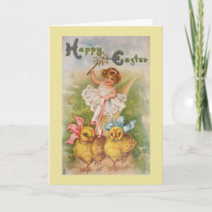 Cartão De Festividades Vintage Easter Girl & Yellow Chicks,