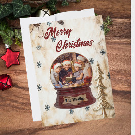 Cartão De Festividades Vintage Family Holiday Photo in Snow Globe