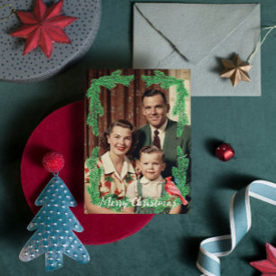 Cartão De Festividades Vintage Family Photo Pine Bird Frame Natal