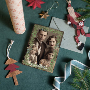 Cartão De Festividades Vintage Family Photo Pine Candle Frame Natal