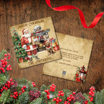 Cartão De Festividades Vintage Feliz Árvore de Natal Santa Claus Dog Dife<br><div class="desc">Personalize, personalize e envie a sua família e amigos um eterno e clássico Vintage Cartão de Natal Feliz com uma linda cena de Natal com Papai Noel segurando um presente, parado por uma bela árvore de Natal, uma lareira maravilhosamente decorada ao fundo com uma casa no globo da neve da...</div>