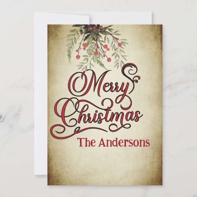 Cartão De Festividades Vintage Felry Christmas botânico holly (Frente)