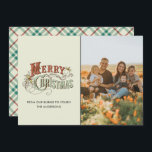 Cartão De Festividades Vintage Felry Christmas Family Photo Xadrez<br><div class="desc">Cartões de natal de Natal de uma família bonita com uma design de tipografia "Feliz Natal". Personalizado com sua foto,  saudação e nome da família. Este cartão de Natal reverte para a coordenação da design de marfim,  vermelho e azul-turquesa.</div>