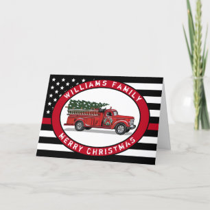 Cartão De Festividades Vintage Fire Truck Feliz Linha Vermelha de Natal
