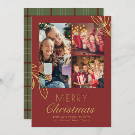 Cartão De Festividades Vintage Fotos da Família Dourada Red Xadrez Script