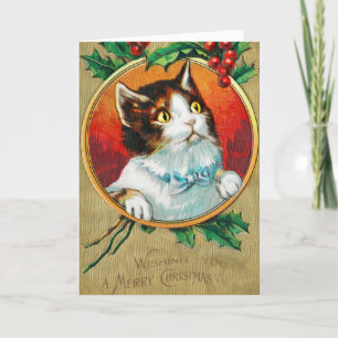 Cartão De Festividades Vintage Gato Bonito te desejando um Feliz Natal