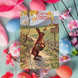 Cartão De Festividades Vintage German Frohe Ostern Páscoa Rabbit