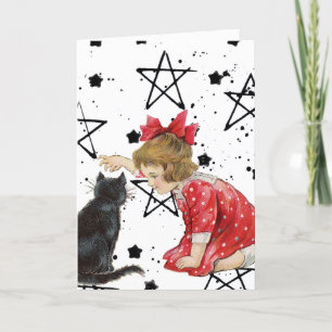 Cartão De Festividades Vintage Girl and Black Cat Halloween