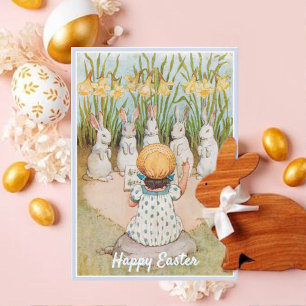Cartão De Festividades Vintage Girl and Easter Bunnies Singing