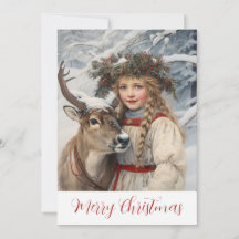 Vintage Girl and Reindeer Christmas Card