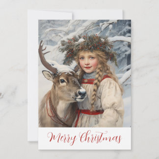 Cartão De Festividades Vintage Girl and Reindeer Christmas Card