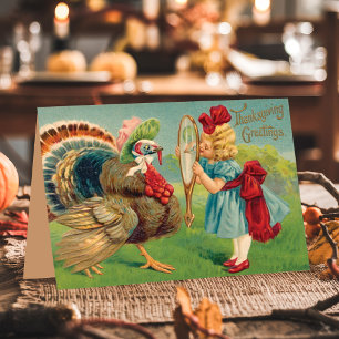 Cartão De Festividades Vintage Girl And Turkey Se Vestir Graças