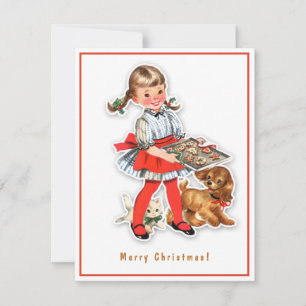 Cartão De Festividades Vintage Girl Baking Cookies Com Puppy e Kitten