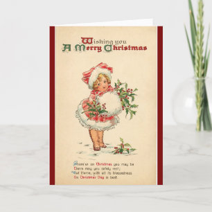 Cartão De Festividades Vintage Girl com Muff e Holly Holiday Card