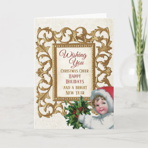 Cartão De Festividades Vintage Girl Dourada Frame Feliz Natal Ano Novo