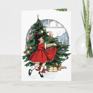 Cartão De Festividades Vintage Girl Home Christmas Tree Morning