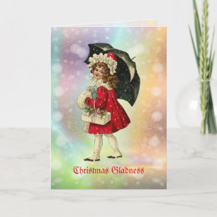 Cartão De Festividades Vintage Girl with umbrella Christmas Card