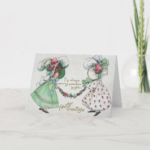 Cartão De Festividades Vintage Girls Vestir Chapéus Antigos Páscoas