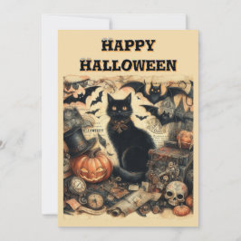 Cartão De Festividades Vintage Gótico Halloween Gato Preto Crianças