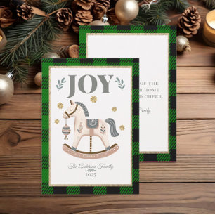 Cartão De Festividades Vintage Green Buffalo Xadrez Rocking Horse Joy