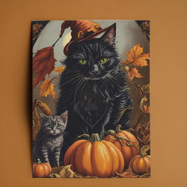 Cartão De Festividades Vintage Halloween Black Cat Witten Pumpkins