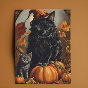 Cartão De Festividades Vintage Halloween Black Cat Witten Pumpkins