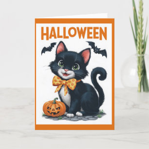 Cartão De Festividades Vintage Halloween Kitten com Bats e um Arco