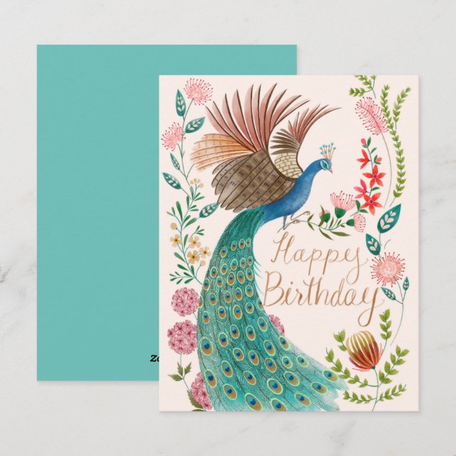 Cartão De Festividades Vintage Happy Birthday Peacock (Frente/Verso)
