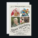 Cartão De Festividades Vintage Happy Holidays 4-Photo Flat Card<br><div class="desc">Painel da janela do fosco Cartões de saudação planos Feriado de Natal com quatro quadros de fotos. Estilo retrô divertido e festivo de quadro invertido em fundo branco creme elegante com roldanas holly ricos e riscadas letras roxas de caligrafia tipográfica de moda antiga. Clique em Personalizar para ajustar o quadro...</div>