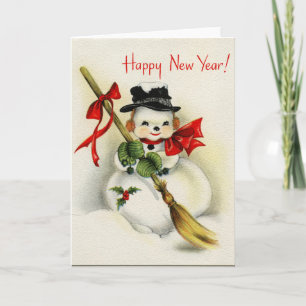 Cartão De Festividades Vintage Happy New Year Snowman Greeting Card