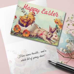 Cartão De Festividades Vintage Hen e Carruagem Bunny