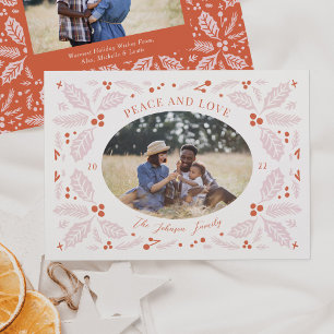 Cartão De Festividades Vintage Holly Berries - Foto Oval   Rosa Vermelho 