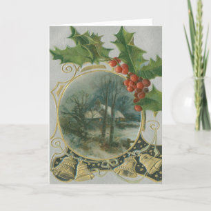 Cartão De Festividades Vintage Holly Berries Ouro Bells Cena de Natal