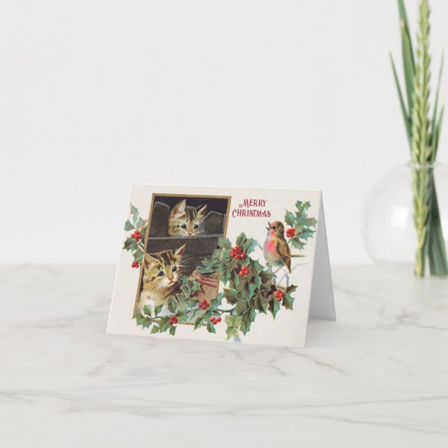 Cartão De Festividades Vintage Holly cats e natal (Frente)