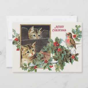 Cartão De Festividades Vintage Holly cats e natal