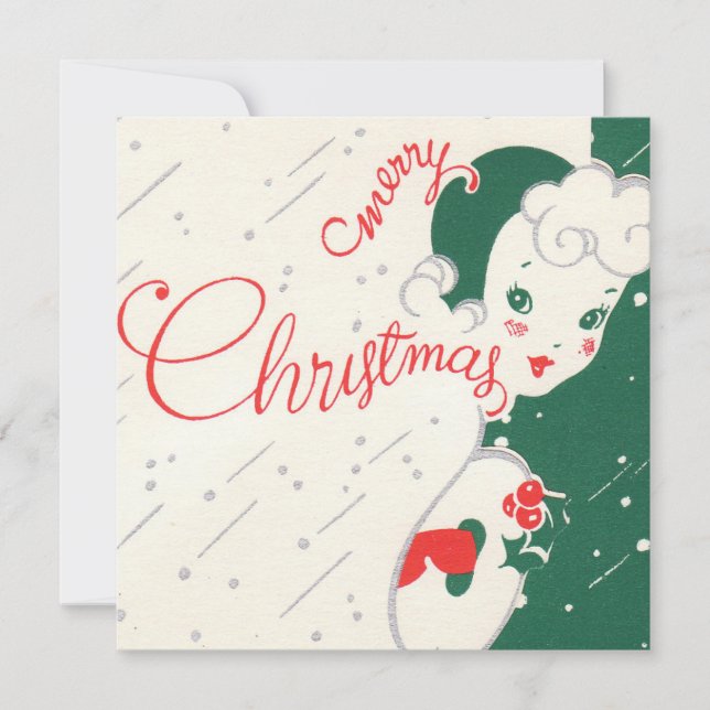 Cartão De Festividades Vintage Holly Christmas Girl (Frente)
