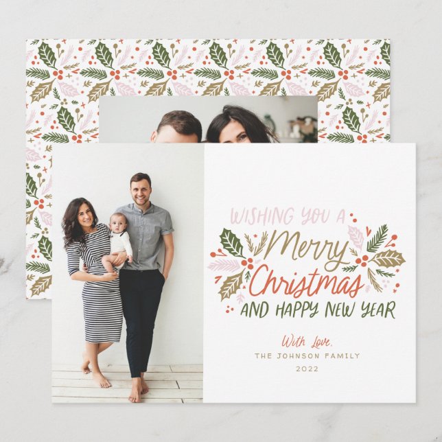 Cartão De Festividades Vintage Holly Photo Christmas (Frente/Verso)