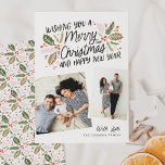 Cartão De Festividades Vintage Holly Tilted Snapshot 2 Foto Natal<br><div class="desc">Este cartão com fotos festivo e chic apresenta nossa folhagem original de inverno desenhada à mão com uma doce tipografia estilada e duas fotos inclinadas. A parte de trás vem com um padrão correspondente</div>