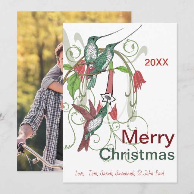 Cartão De Festividades Vintage Hummingbird Feliz Natal (Frente/Verso)