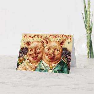 Cartão De Festividades Vintage Husband E Wife Pig Feliz Christma