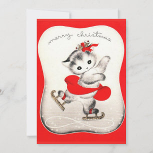 Cartão De Festividades Vintage Ice skating White Christmas Cat