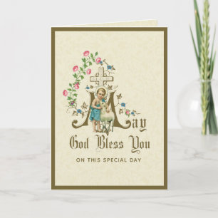 Cartão De Festividades Vintage Jesus Religioso com Rosas Florais de Lamb