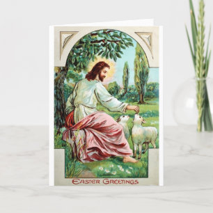 Cartão De Festividades Vintage Jesus With Lambs Easter Card