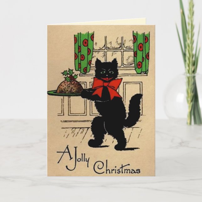 Cartão De Festividades Vintage Jolly Christmas Cat Card (Frente)