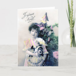 Cartão De Festividades Vintage Joyeux Noël com Menina e Boneca