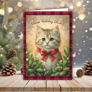 Cartão De Festividades Vintage Kitten Warm Holiday Deseja Xadrez de Buffa