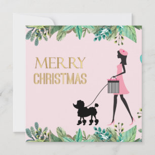 Cartão De Festividades Vintage Lady andando no poodle negro Feliz Natal